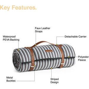 Picnic Blanket with Faux Leather Carry Handle - Grey / 220cm by VonShef