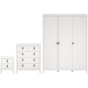 Barcelona 3 Piece Bedroom Set - White / 1 x 2-drawer bedside, 1 x 5-drawer chest of drawers and 1 x 3-door wardrobe