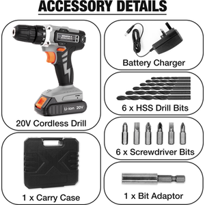 Cordless Drill 20V Li-Ion Fast Charge Electric Screwdriver - Grey by Terratek