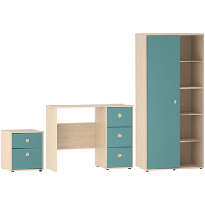 Neptune 3 Piece Bedroom Set - Desk, 2 Drawer Bedside Cabinet, Wardobe - Blue and Oak / MDF by Vida Designs