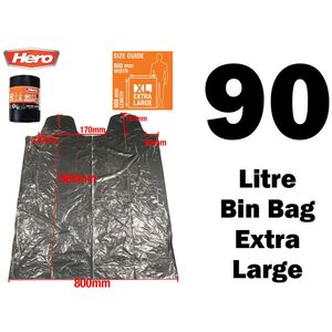 Hero 90L Tie Top Bin Bag Liners Extra Strong - Black by Hero