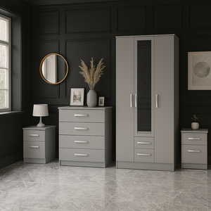 Wooden 4 Piece Furniture Set Wardrobe Chest of Drawers Bedsides Lynx - Grey by Birlea