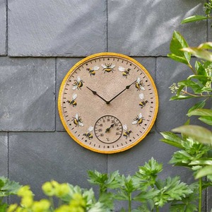 Bee Wall Clock and Thermometer - Brown,Yellow,Black by Garden Mile