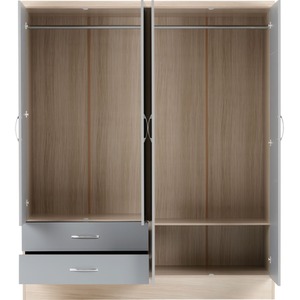 Nevada 4 Door 2 Drawer Mirrored Wardrobe Bedroom Set - Grey Gloss, Light Oak by Seconique