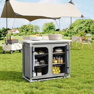 Foldable Camping Kitchen Storage Cabinet with Tabletop - Grey by Livingandhome