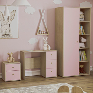 Neptune 3 Piece Bedroom Set - Desk, 2 Drawer Bedside Cabinet, Wardobe - Pink and Oak / MDF by Vida Designs