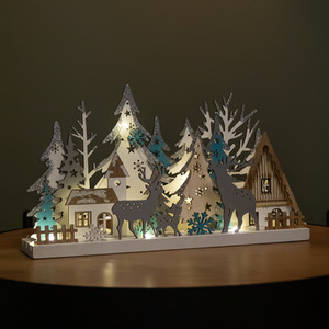 Christmas Wooden Reindeer Scene Silhouette with 10 Warm White LEDs - Brown by Samuel Alexander