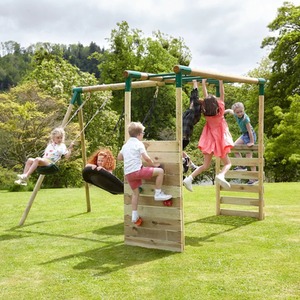 Wooden Swing Set with Trapeze, Climbing Wall and Monkey Bars - Comet by Rebo