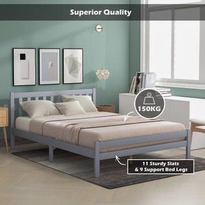 Solid Wooden Bed Frame for Adults Kids - Grey / 135cm by Abrihome