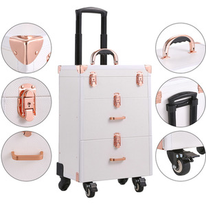 Professional PU Leather 3in1 Makeup Case with Wheels - Rose Gold + White by Livingandhome