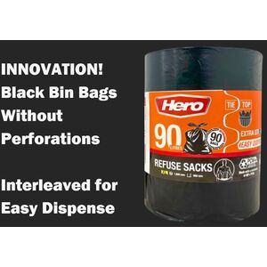 Hero 90L Tie Top Bin Bag Liners Extra Strong - Black by Hero
