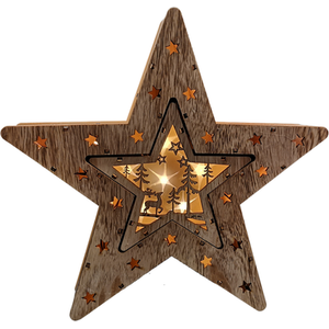 Set of 2 Battery Operated LED Indoor Wooden Christmas Stars - Brown by Samuel Alexander
