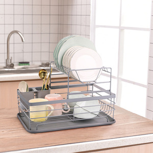 2 Tier Metal Dish Drainer with Draining Board - Silver by Livingandhome