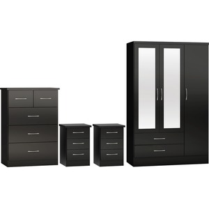 Nevada 3 Door 2 Drawer Mirrored Wardrobe Bedroom Set - Black Gloss by Seconique