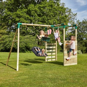 Wooden Swing Set with Trapeze, Climbing Wall and Monkey Bars - Comet by Rebo