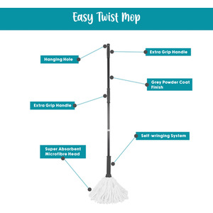 Super Absorbent Easy Twist Microfibre Floor Mop, Turquoise and Grey - Turquoise by JVL