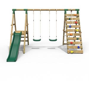 Wooden Double Swing Set with Climbing Wall and Slide - Jade by Rebo
