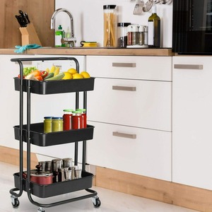 Storage Trolley On Wheels 3 Tier Basket Organiser Cart - Black by HyFive