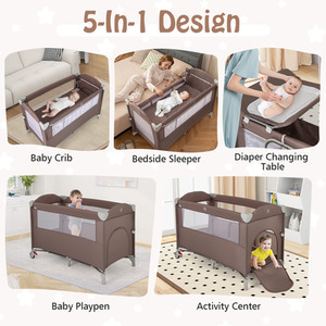 5-In-1 Portable Baby Bassinet Crib Bedside Sleeper - Brown by Costway