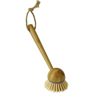 Round Bamboo Long Handle Washing Up Dish Brush - Yellow by JVL