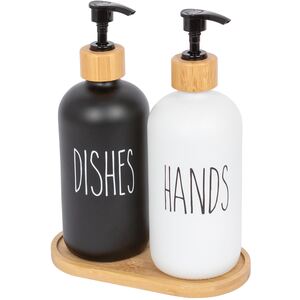 2pc Glass Soap Dispenser Set with Bamboo Tray - 500ml - WhiteBlack - White by Harbour Housewares
