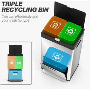 HOMCOM 56L 3 Compartment Kitchen Bin for Recycling and Waste - Silver by HOMCOM