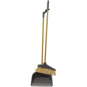 Bamboo Long Handle Dustpan and Bristle Brush Set - Orange by JVL