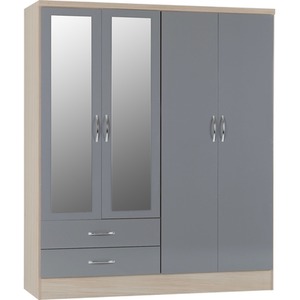 Nevada 4 Door 2 Drawer Mirrored Wardrobe Bedroom Set - Oyster Gloss, Light Oak by Seconique