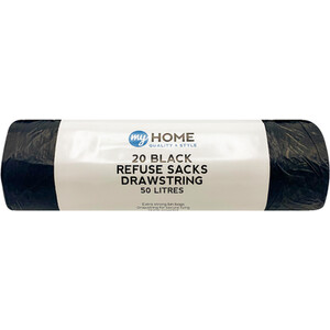 Pack of 20 Refuse Sacks Drawstring 50L - Black by My Home
