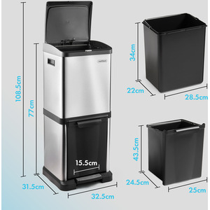 34L Vertical Kitchen Bin with 2 Compartments - Silver by VonHaus