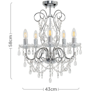 5 Way Silver Chrome Ceiling Light Chandelier With Lead Crystal Droplets - Silver by ValueLights