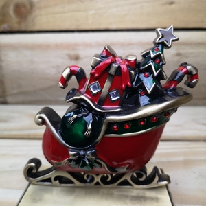 Festive Present Filled Sleigh Christmas Stocking Hanger - Red and Green by Samuel Alexander