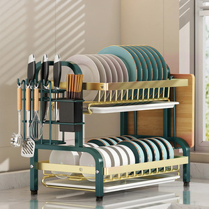 Double-Tier Carbon Steel Dish Rack - Green by komore