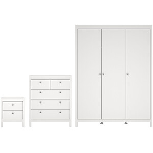 Madrid 3 Piece Bedroom Set - White / 1 x 2-drawer bedside table, 1 x 5-drawer chest of drawers and 1 x 3-door wardrobe