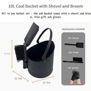 Coal Bucket Brush Shovel Set Charcoal Fireside Bin Ash Log Scuttle Hod - Black by Gr8 Home