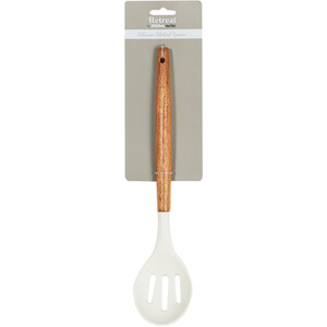 Retreat Silicone Slotted Spoon with Wooden Handle - White and Wood