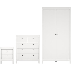Madrid 3 Piece Bedroom Set - White / 1 x 2-drawer bedside table, 1 x 5-drawer chest of drawers and 1 x 2-door wardrobe