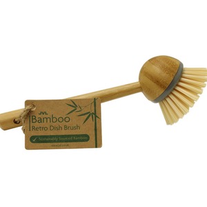 Round Bamboo Long Handle Washing Up Dish Brush - Yellow by JVL