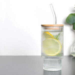 Pack of 4 Ribbed Tumblers with Lid and Straw - Clear