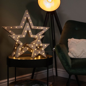 Set of 3 Wooden Christmas Stars with Warm White LEDs - Brown by Samuel Alexander