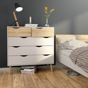 Oslo 3 Piece Bedroom Set - White and Oak / 1 x single drawer bedside, 1 x 5-drawer chest of drawers and 1 x 3-door 3-drawer wardrobe