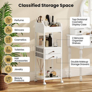 Makeup Organizer Floor Skincare Organizer Cart - White by Costway