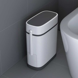 Slim Flip Top Bin with Built-in Toilet Brush - White Black by Livingandhome