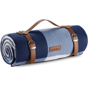 Picnic Blanket with Faux Leather Carry Handle - Navy / 180cm by VonShef