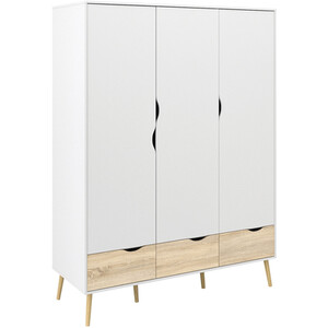 Oslo 3 Piece Bedroom Set - White and Oak / 1 x single drawer bedside, 1 x 5-drawer chest of drawers and 1 x 3-door 3-drawer wardrobe