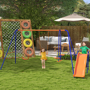 Outsunny 4 in 1 Garden Swing Set with Double Swings Glider Slide Ladder - Orange by Outsunny