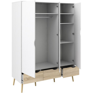 Oslo 3 Piece Bedroom Set - White and Oak / 1 x single drawer bedside, 1 x 5-drawer chest of drawers and 1 x 3-door 3-drawer wardrobe