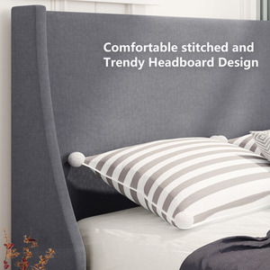 Upholstered Bed with Winged Headboard, Wood Slat Support - Grey by Abrihome