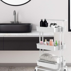 Storage Trolley On Wheels 3 Tier Basket Organiser Cart - White by HyFive