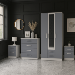 Wooden 4 Piece Furniture Set Wardrobe Chest of Drawers Bedsides Lynx - White & Grey by Birlea